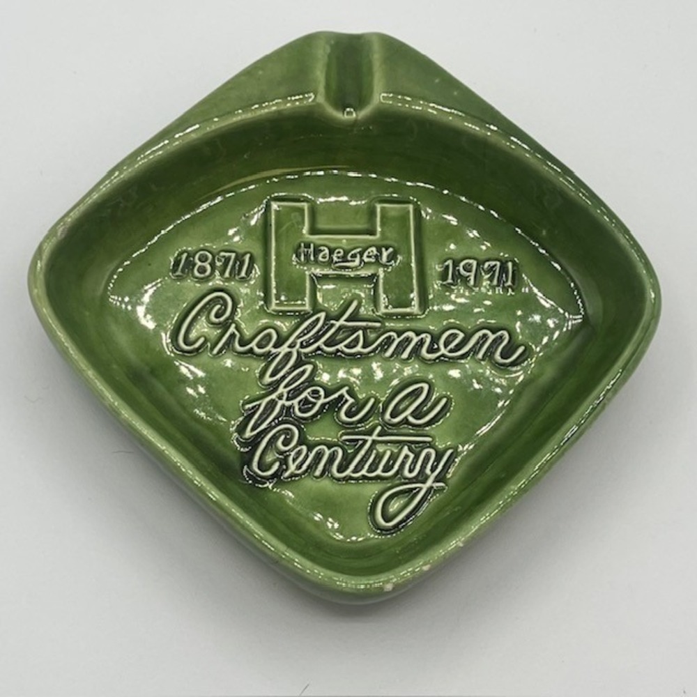 Vintage Haeger USA Green Ceramic Ashtray Craftsmen for a Century 1871-1971 5"